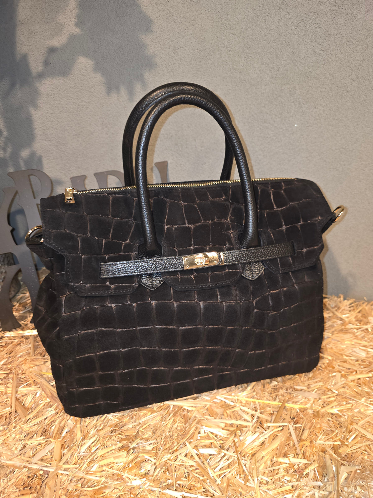 ITALIAN LEATHER CROC-EMBOSSED SUEDE SATCHEL BAG