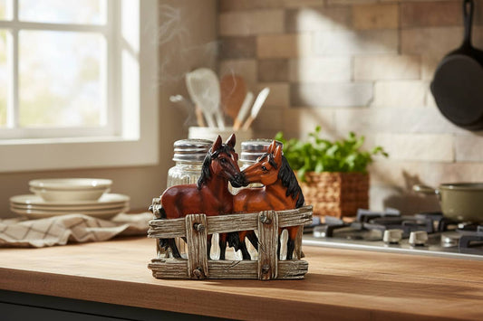 Banyard Western Horses Salt and Pepper Shaker Holder Set