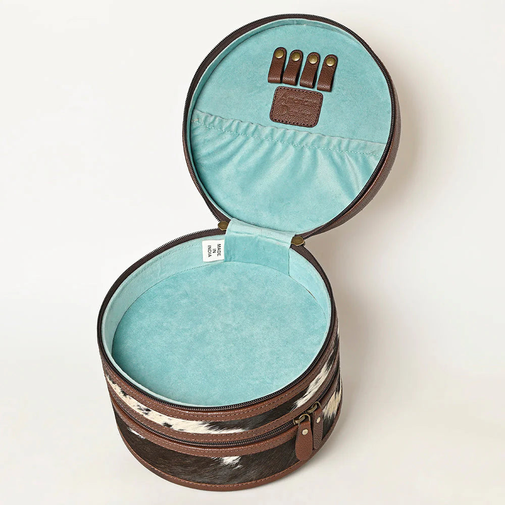 Round Jewelry Case Hand-Tooled Leather & Cowhide Western Organizer