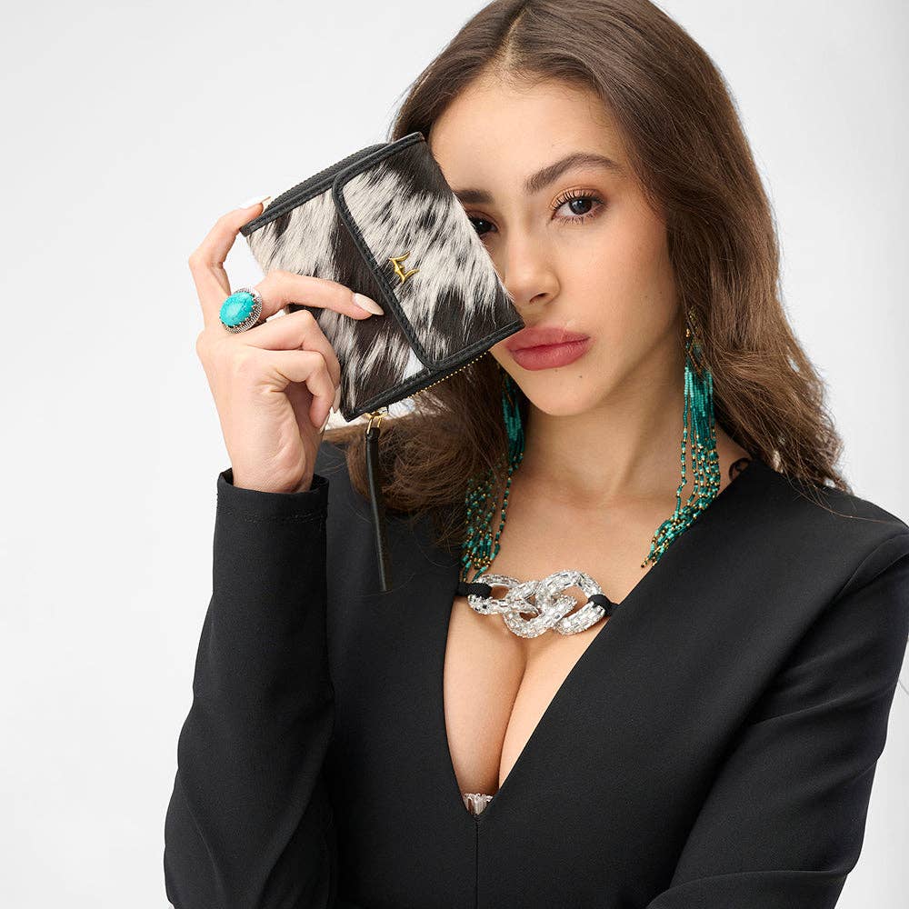 Loyal West Sophia Card Holder In Black & White Cowhide