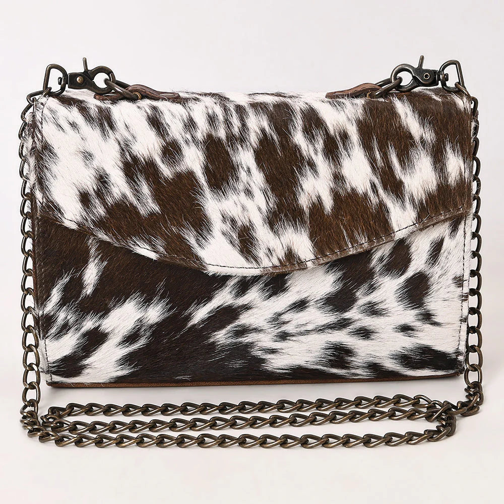 Genuine Cowhide Leather Clutch with Chain Strap - Western Evening Bag