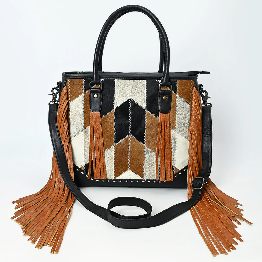 Fringe Cowhide & Leather Tote Bag with Chevron Pattern
