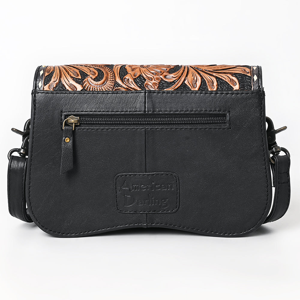 Tooled Leather Crossbody Bag in Black & Tan Western Floral Scroll Design