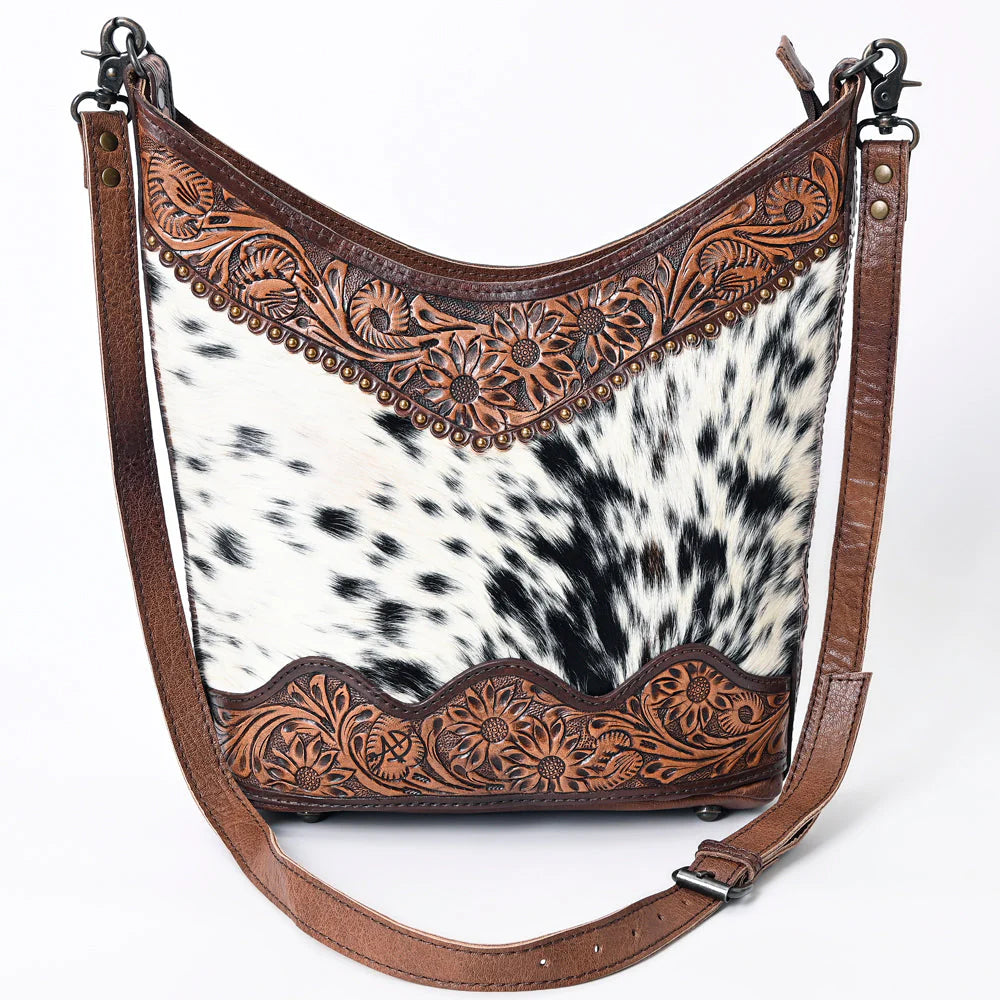 Hair-On Cowhide Hobo Bag with Hand-Tooled Leather Sunflower Trim & Adjustable Strap