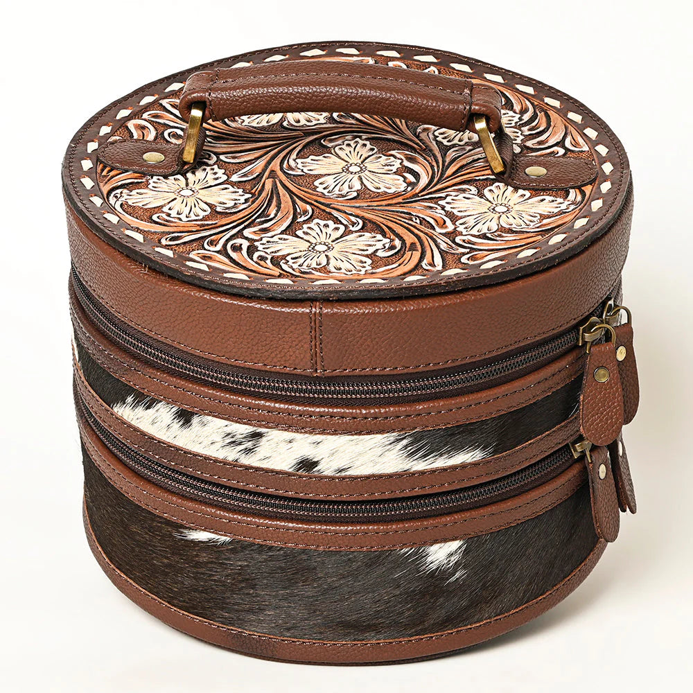 Round Jewelry Case Hand-Tooled Leather & Cowhide Western Organizer