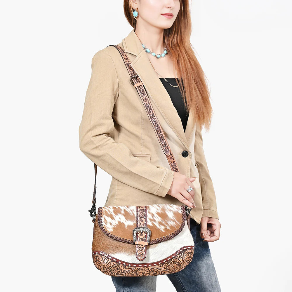 Small Crossbody Hair-On Hand Tooled Genuine Leather women bag western Bag