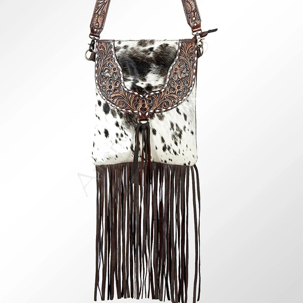 Speckled Cowhide Crossbody Bag with Tooled Yoke & Fringe
