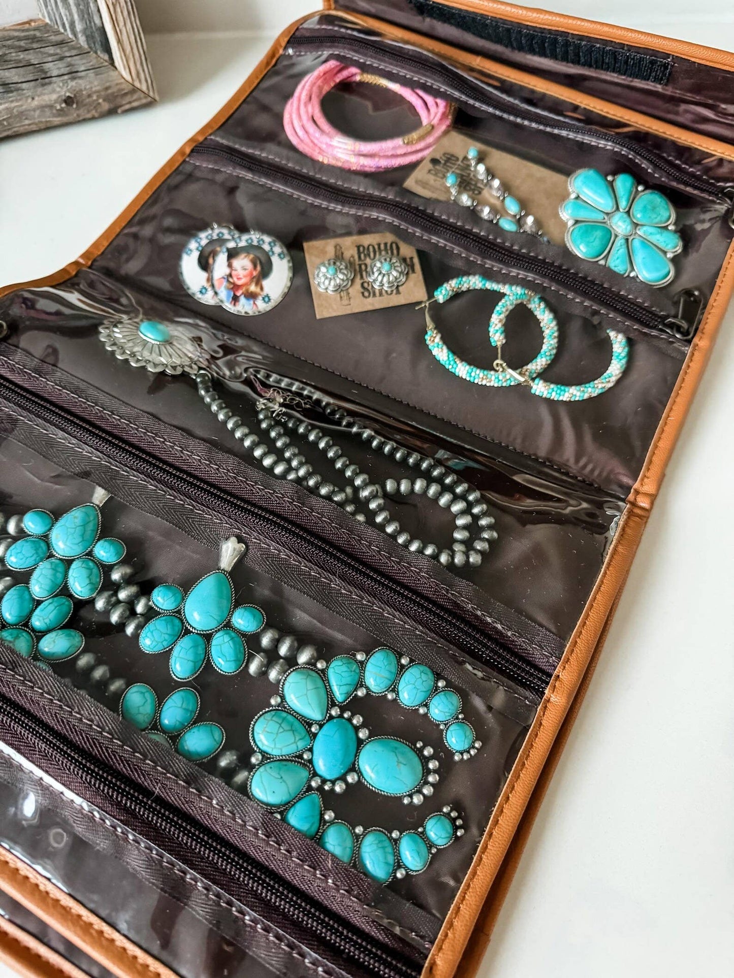 BOHO LUXE FOLDABLE travel makeup jewelry bag Genuine Cowhide