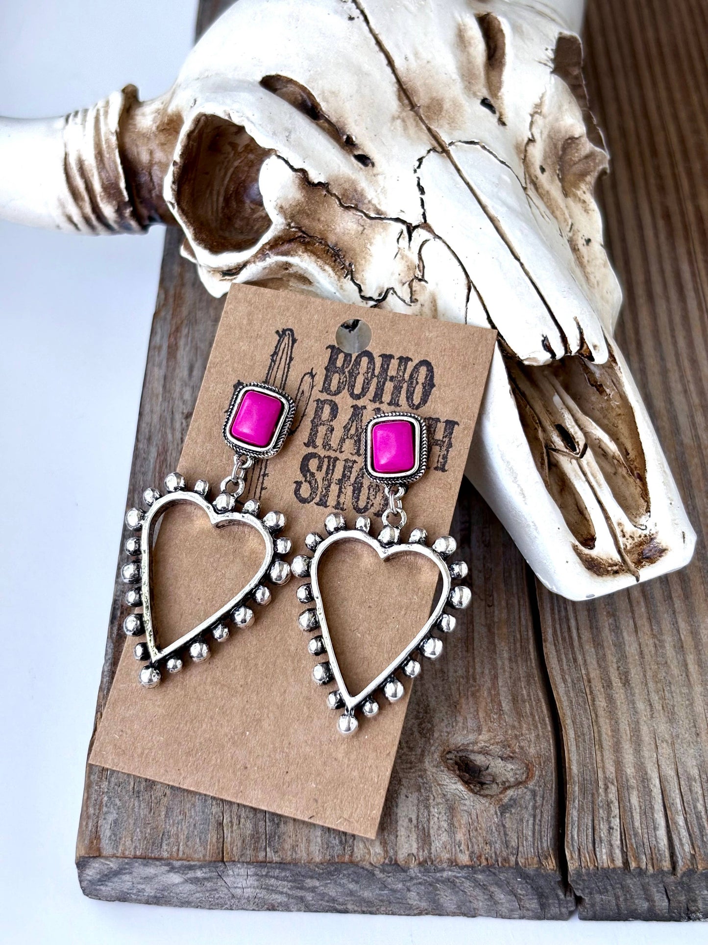 Rectangle Stone & Western Open Heart Post Drop Earrings