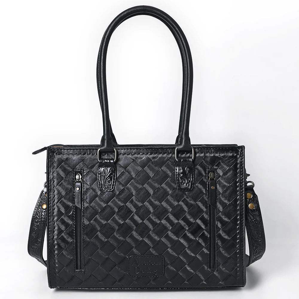 Black & Gold Hand-Tooled Leather Tote Bag - Western Floral Design