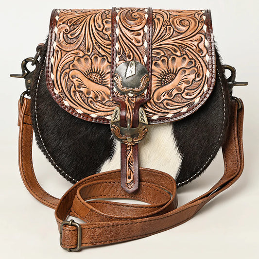 American Darling Black & White Hair-On Hide Western Crossbody Bag with Tooled Leather Flap
