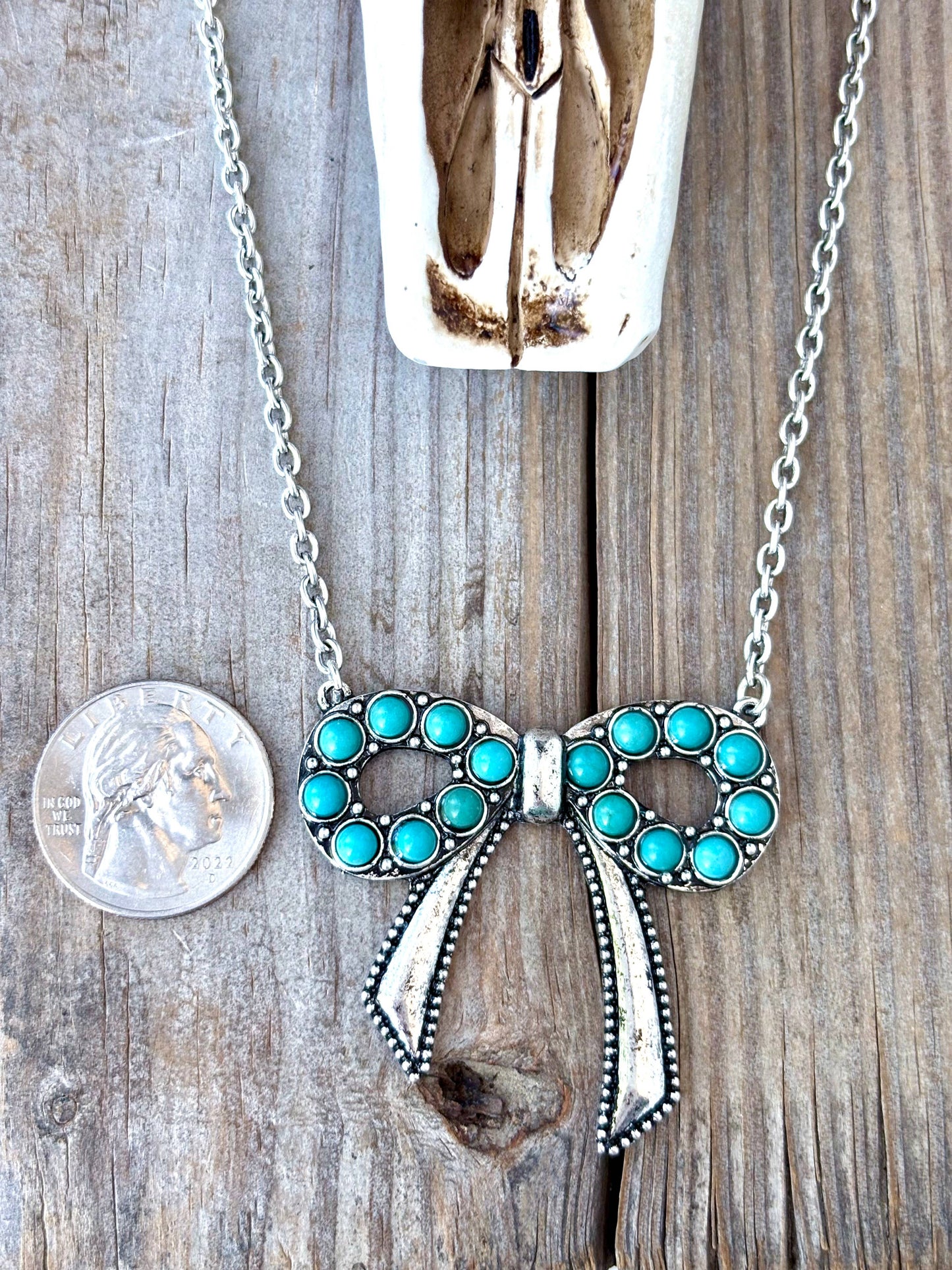 Western Style Coquette Bow Turquoise Stone Pendant Necklace