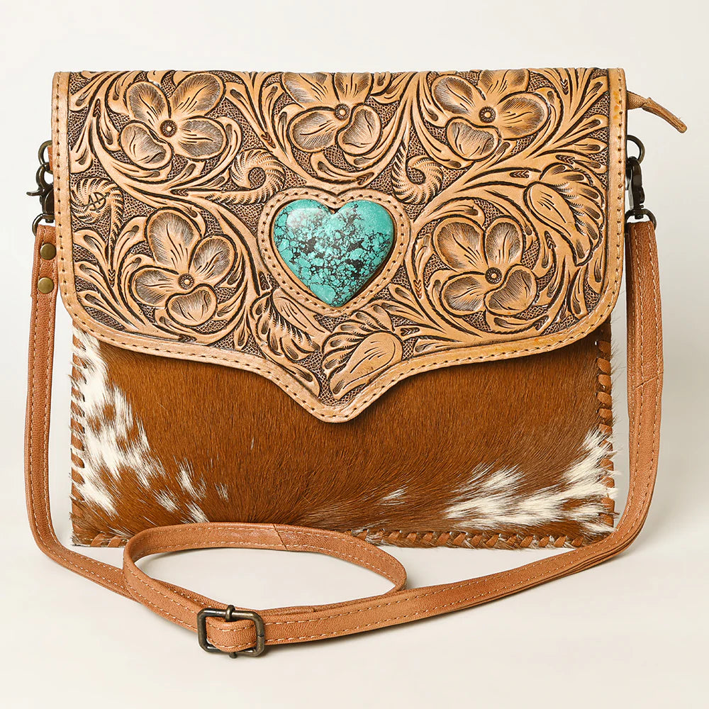 Western Leather Crossbody Coin Purse with Turquoise Heart & Cowhide