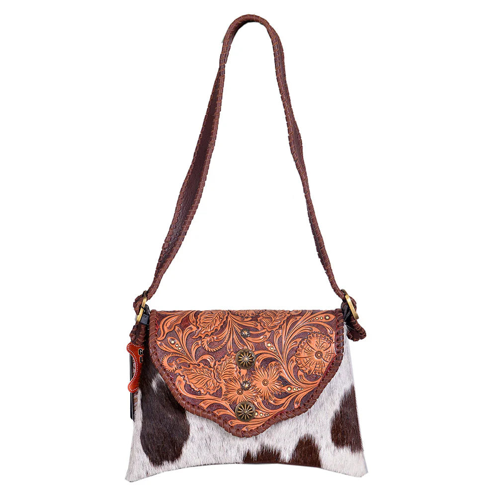 Hand-Tooled Leather & Cowhide Crossbody Bag Western Floral Saddle Flap
