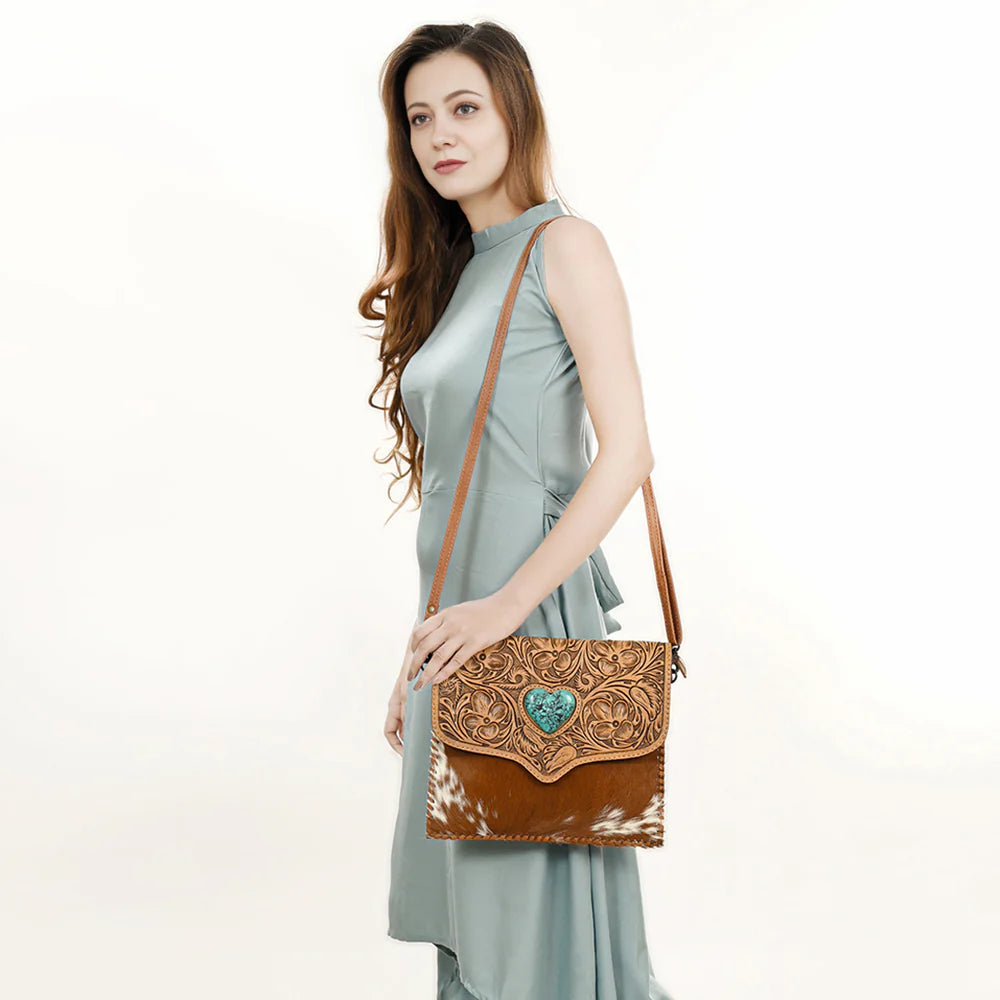 Western Leather Crossbody Coin Purse with Turquoise Heart & Cowhide