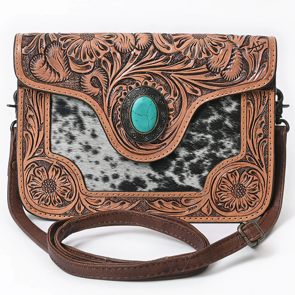 American Darling Tooled Leather & Hair-On Crossbody Bag Western Cowhide Shoulder Purse