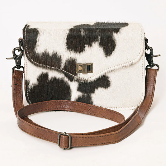 Black & White Hair-On Cowhide Leather Crossbody Bag with Metal Clasp