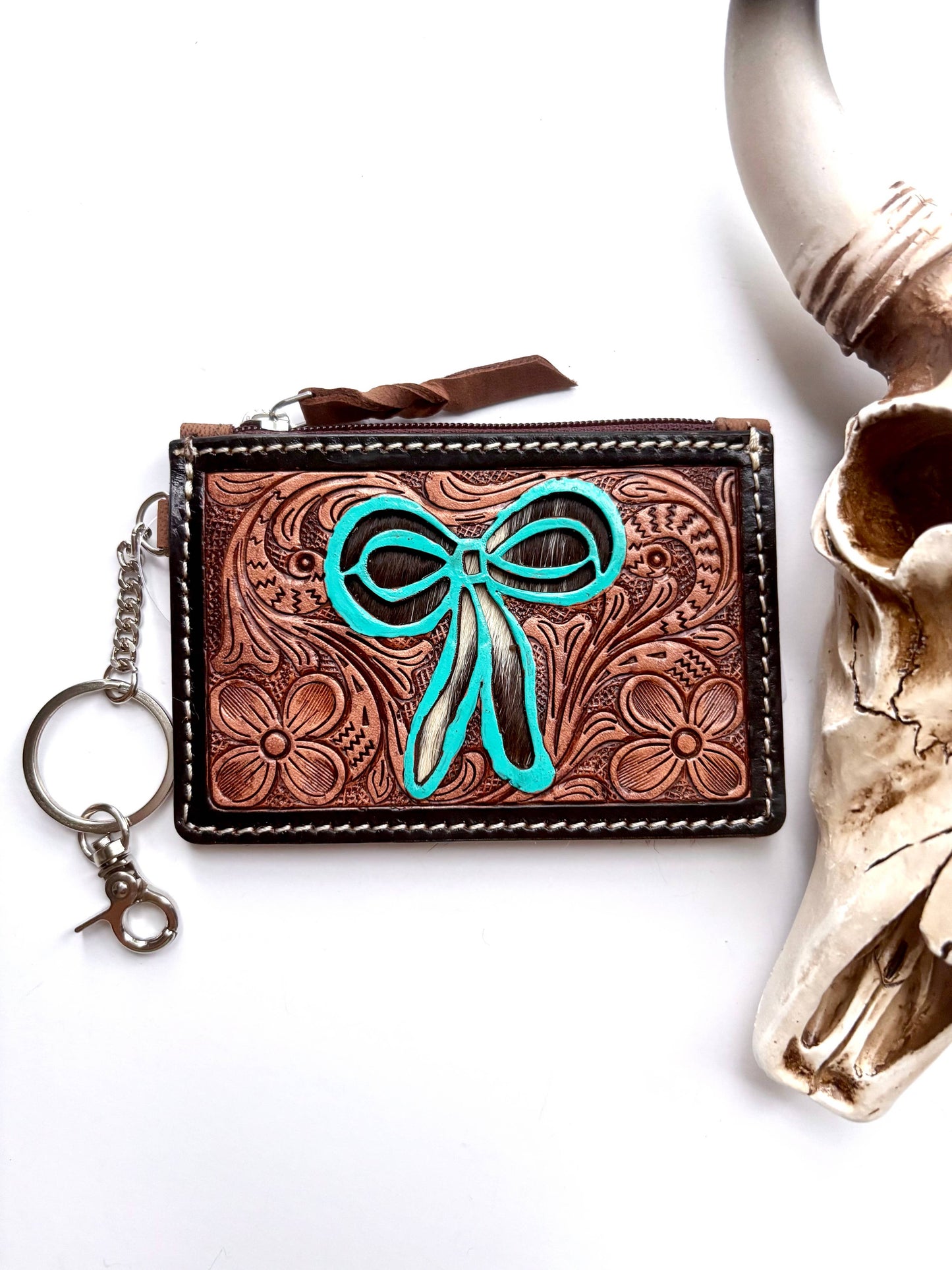 Tooled Leather Keychain Wallet  Bow and Hat