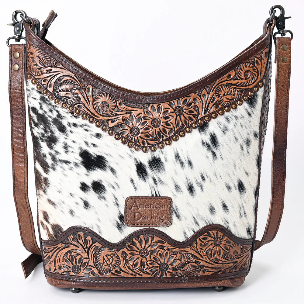 Hair-On Cowhide Hobo Bag with Hand-Tooled Leather Sunflower Trim & Adjustable Strap
