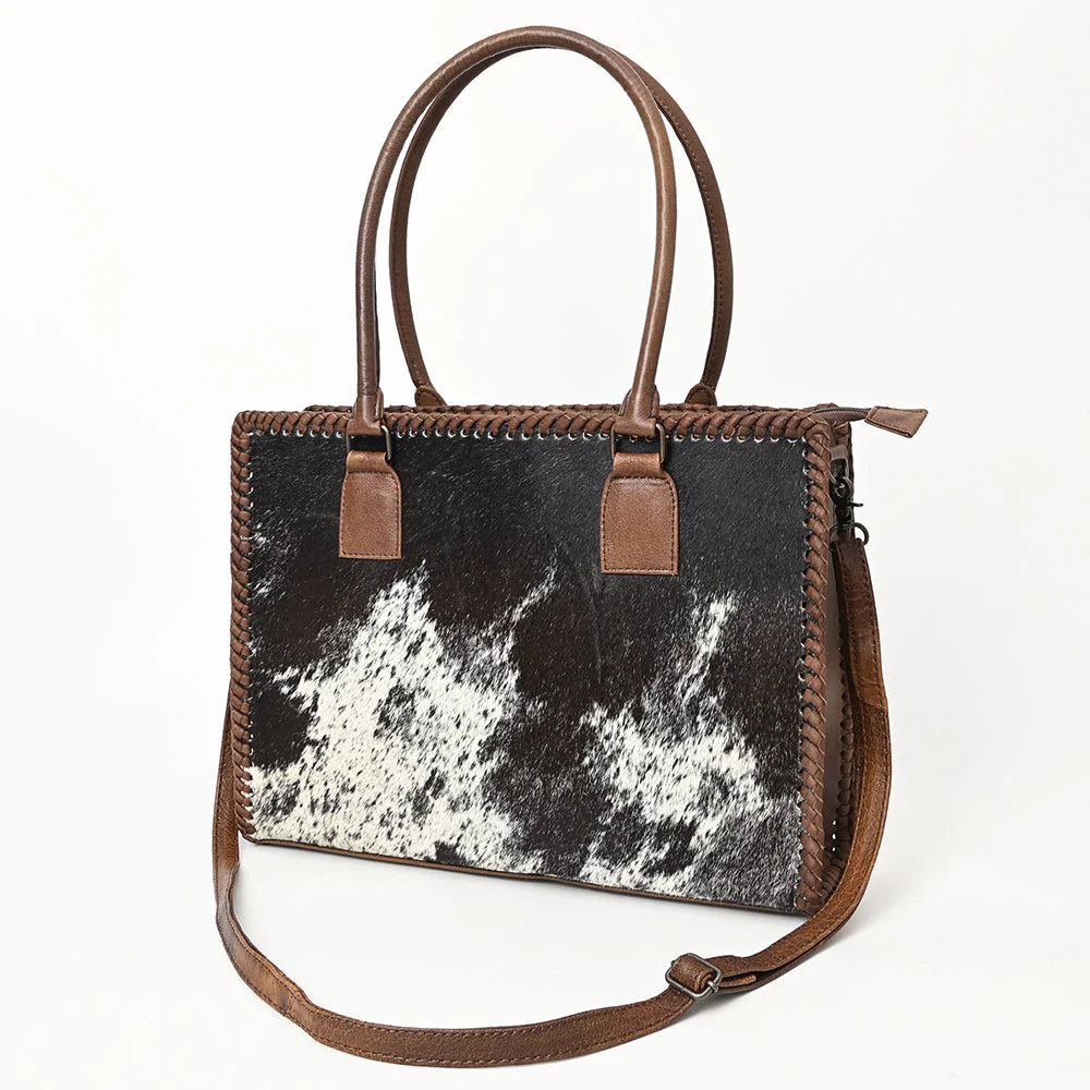 Western Cowhide Tote - Black & White Hair-On Leather Bag with Braided Whipstitch & Strap