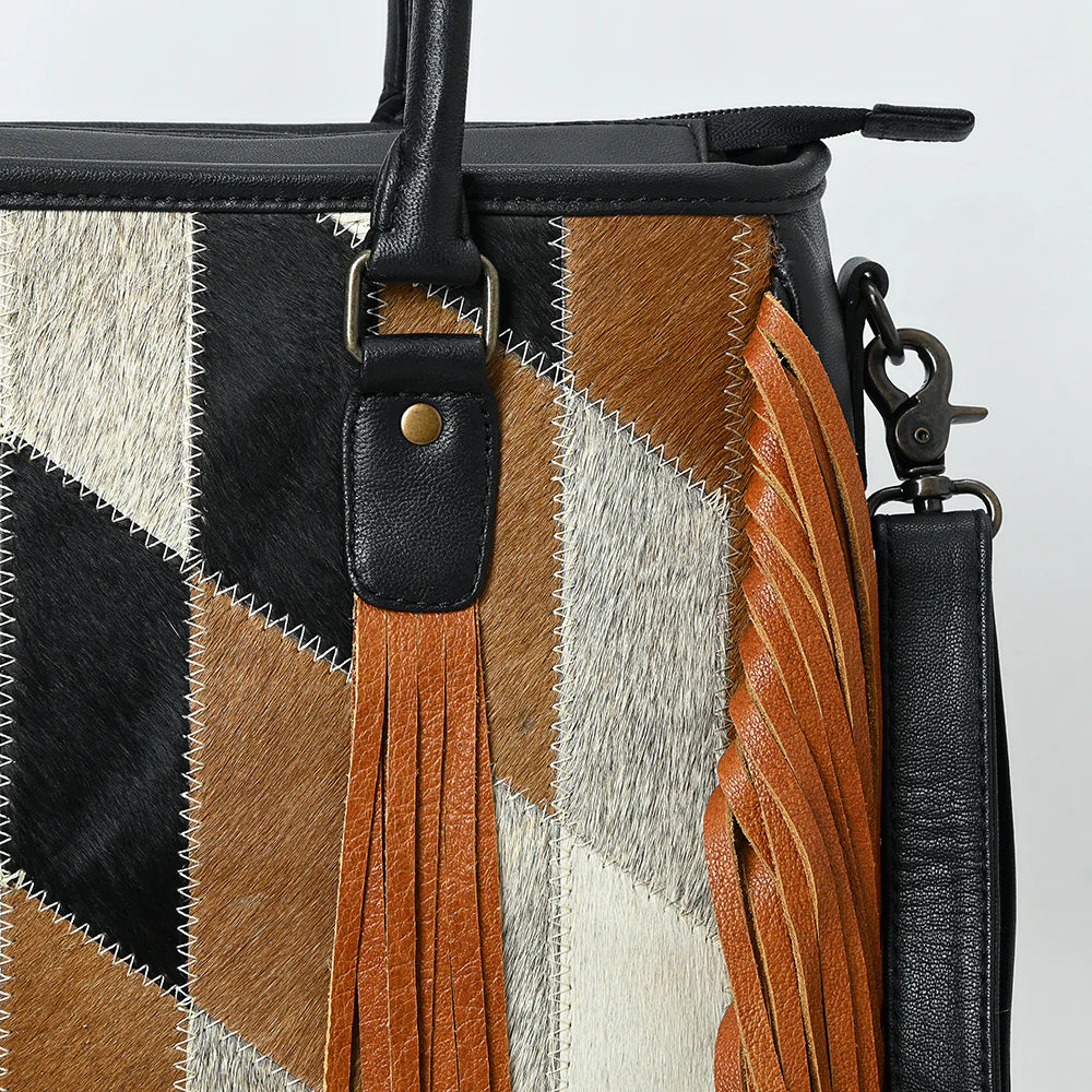 Fringe Cowhide & Leather Tote Bag with Chevron Pattern