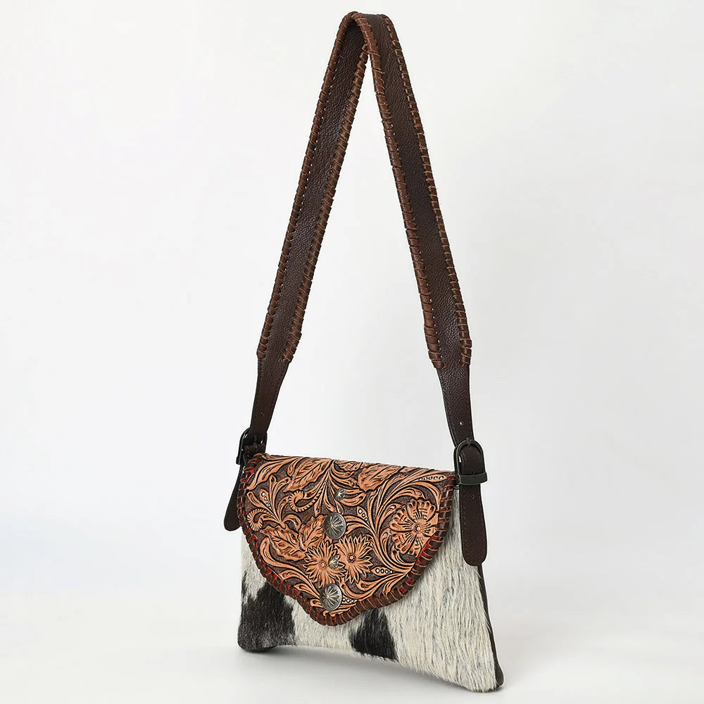 Hand-Tooled Leather & Cowhide Crossbody Bag Western Floral Saddle Flap