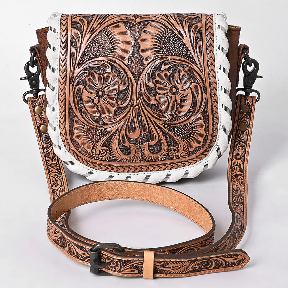 Tooled Leather Crossbody Bag with White Whipstitch Trim and Carved Strap
