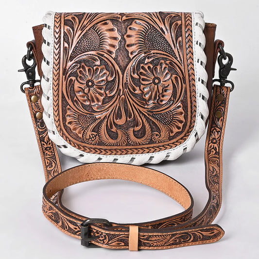 Tooled Leather Crossbody Bag with White Whipstitch Trim and Carved Strap