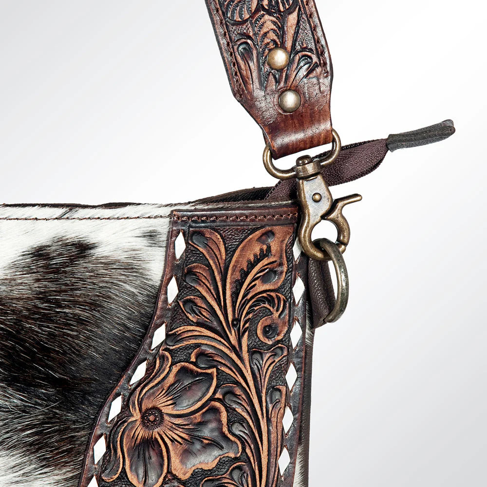 Speckled Cowhide Crossbody Bag with Tooled Yoke & Fringe