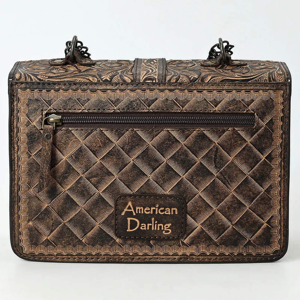 American Darling Western Hand-Tooled Leather Crossbody Bag with Buckle Strap & Chain - Floral Tooled Design