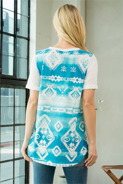 AZTEC PRINT COLOR BLOCK V NECK TOP