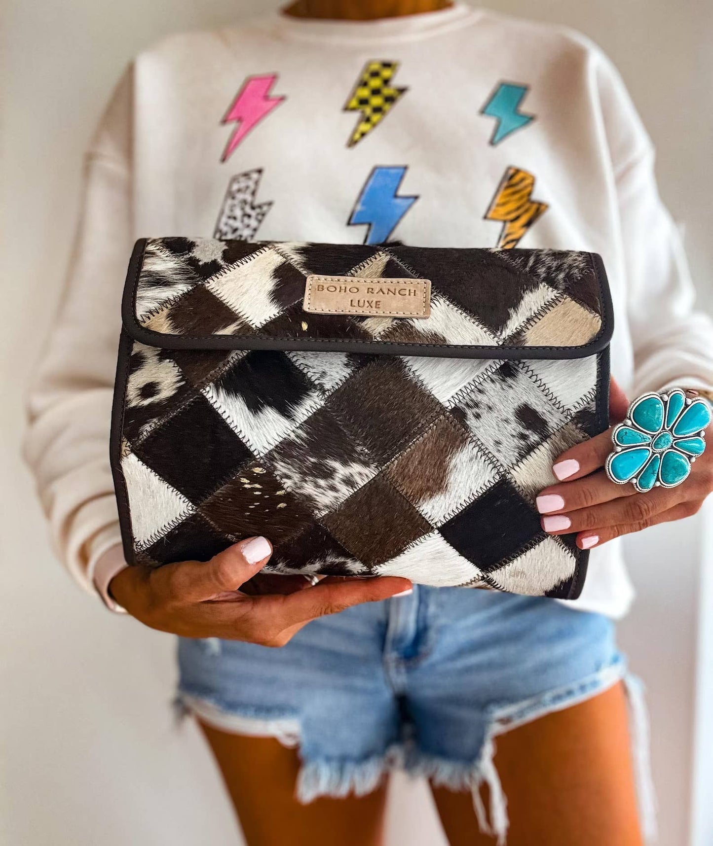 BOHO LUXE FOLDABLE travel makeup jewelry bag Genuine Cowhide