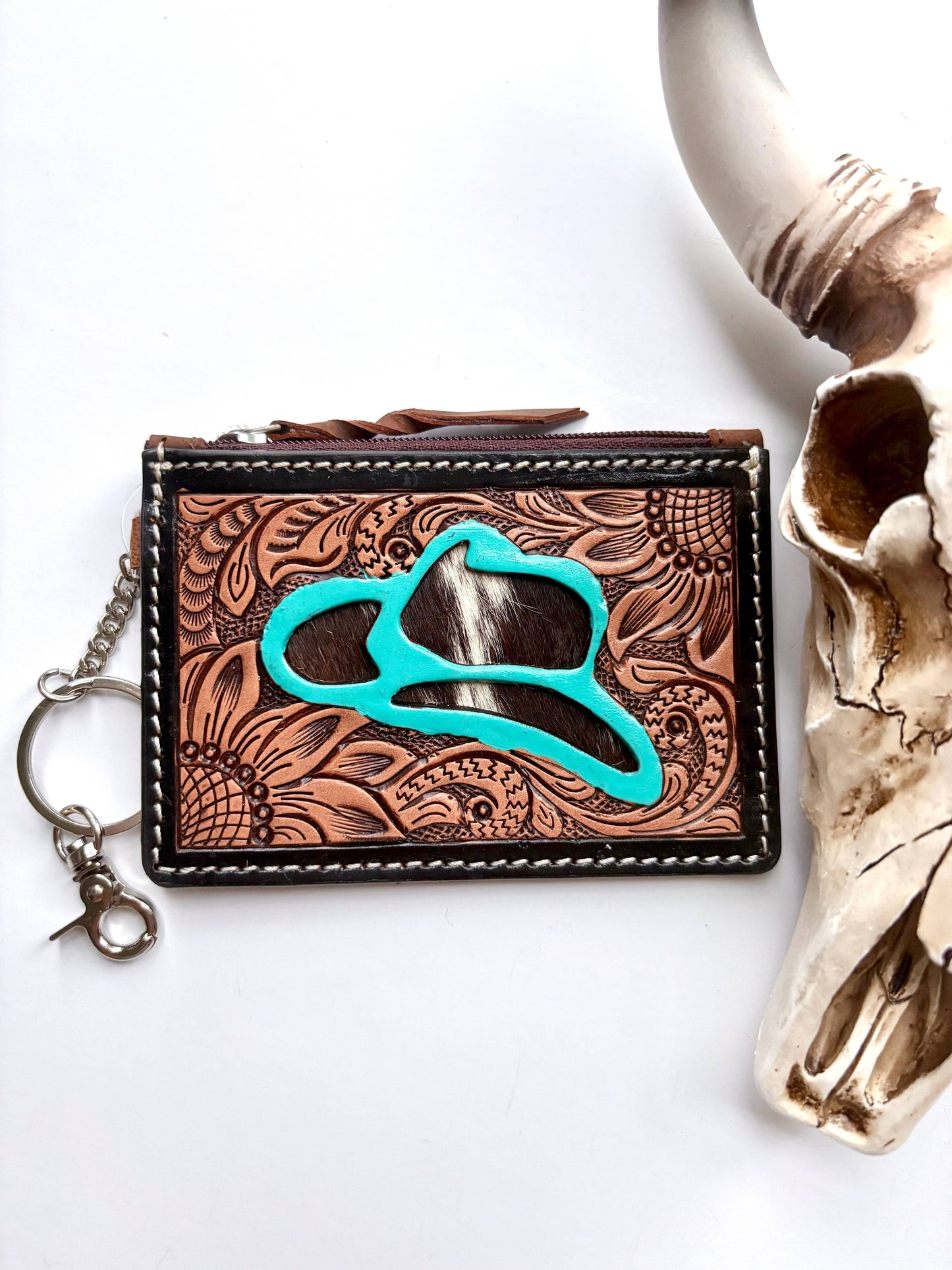 Tooled Leather Keychain Wallet  Bow and Hat