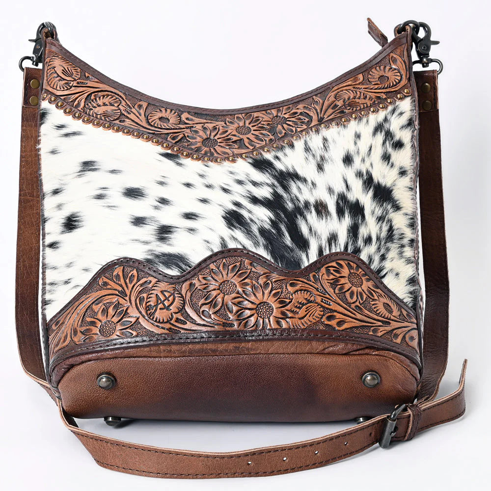 Hair-On Cowhide Hobo Bag with Hand-Tooled Leather Sunflower Trim & Adjustable Strap
