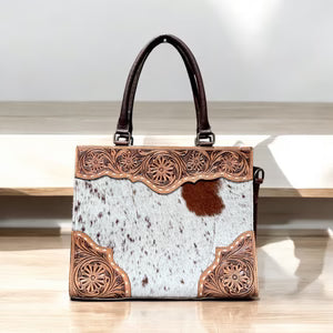 Tan cowhide & tooled leather Crossbody purse
