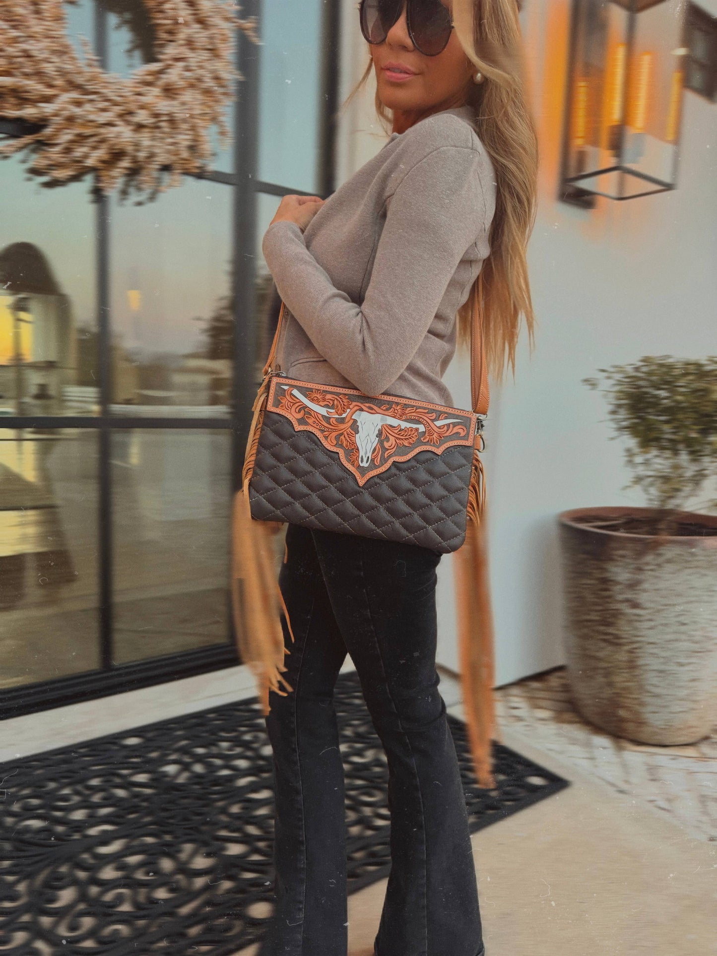 LAINEY CROSSBODY steer longhorn -quilted leather purse bag