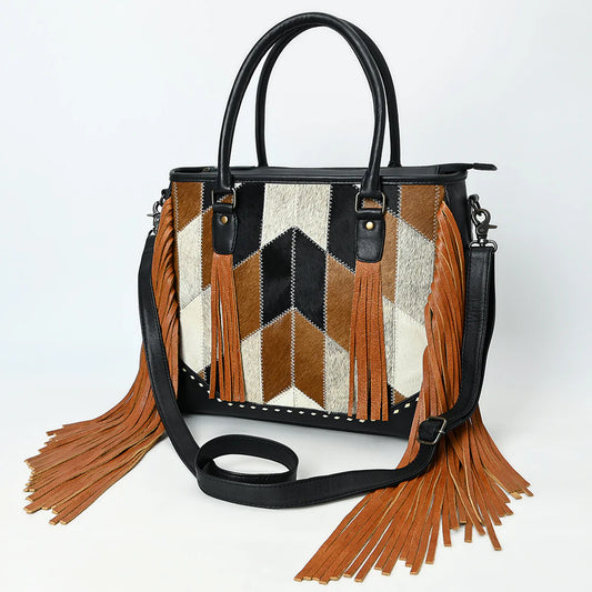 Fringe Cowhide & Leather Tote Bag with Chevron Pattern