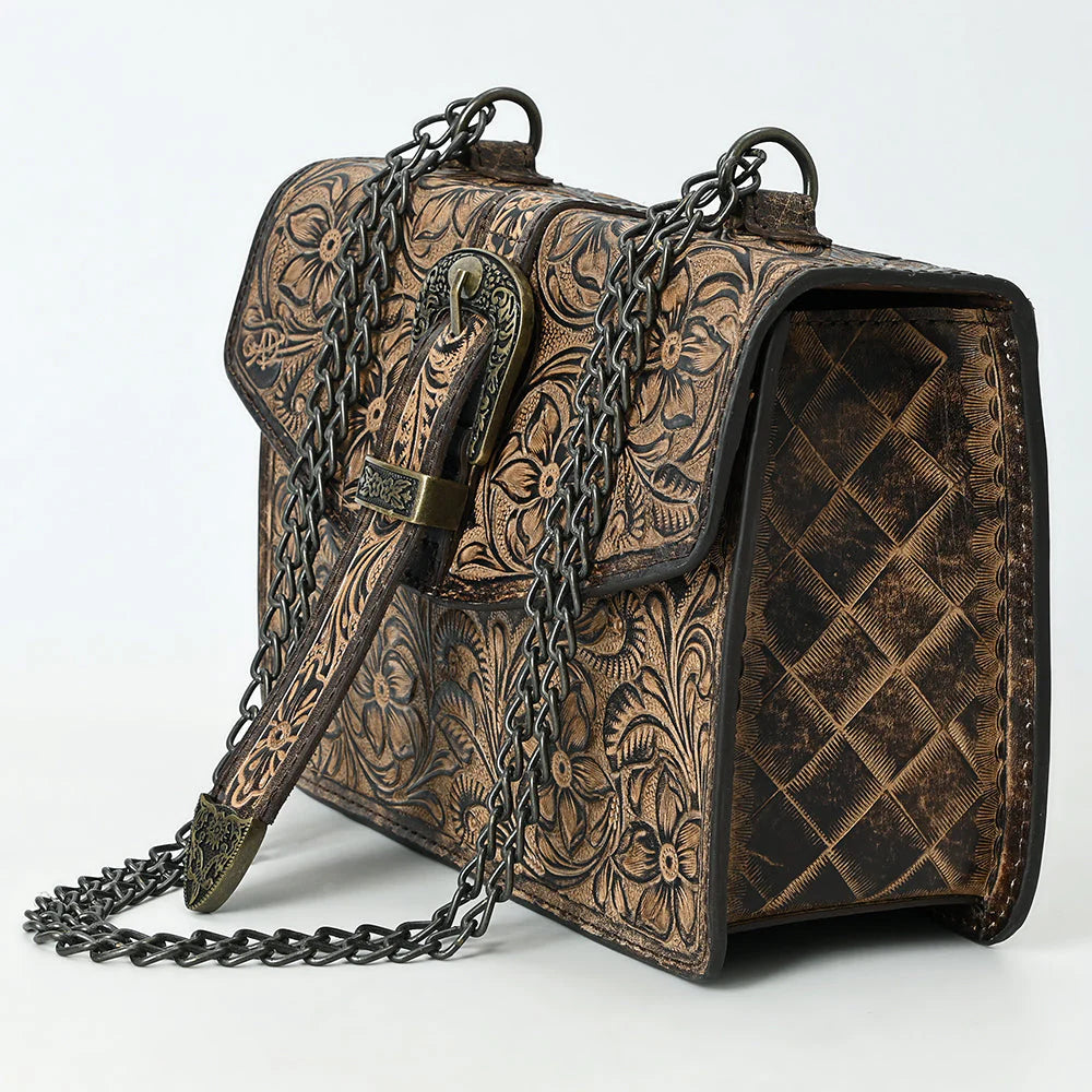 American Darling Western Hand-Tooled Leather Crossbody Bag with Buckle Strap & Chain - Floral Tooled Design