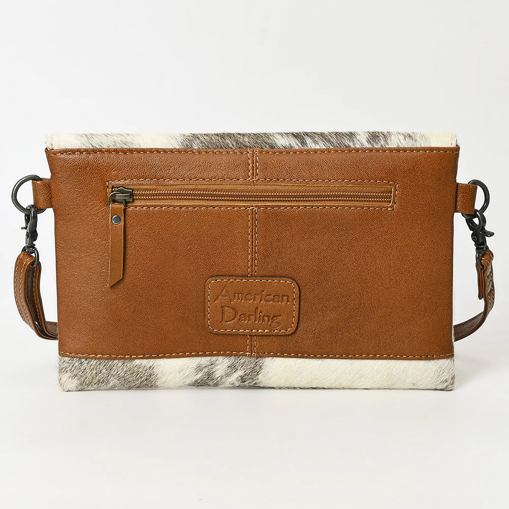 Hair-On Cowhide & Hand Tooled Leather Crossbody Clutch - Western Turn-Lock Flap
