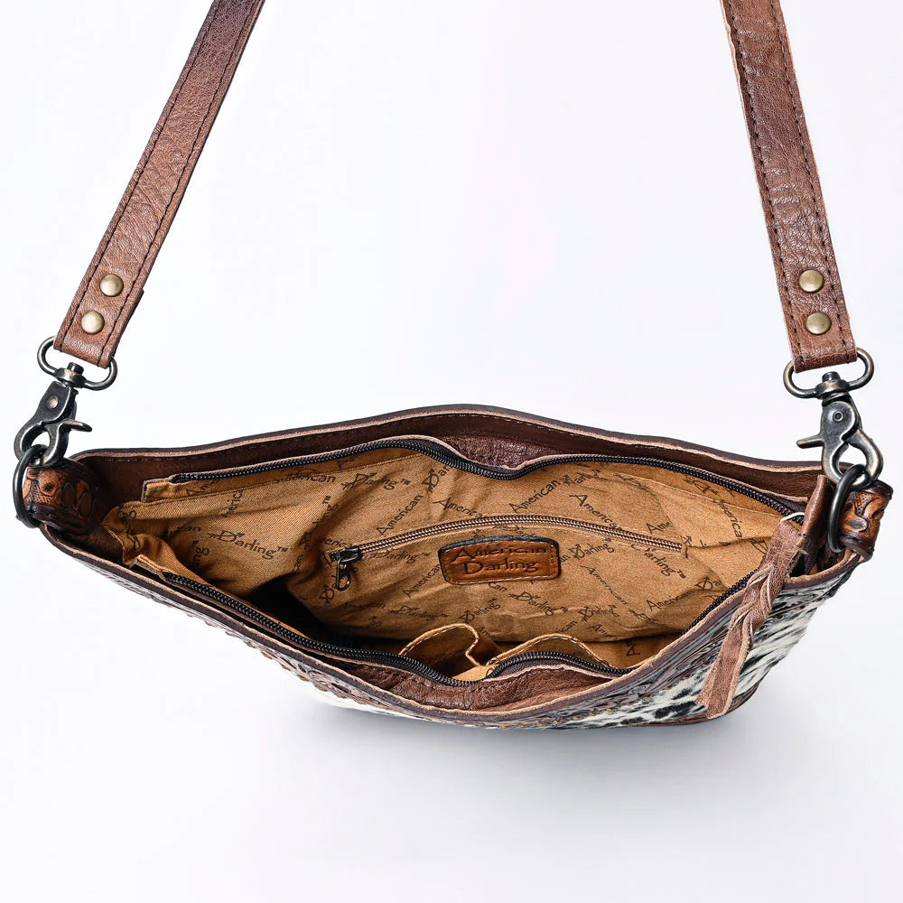 Hair-On Cowhide Hobo Bag with Hand-Tooled Leather Sunflower Trim & Adjustable Strap