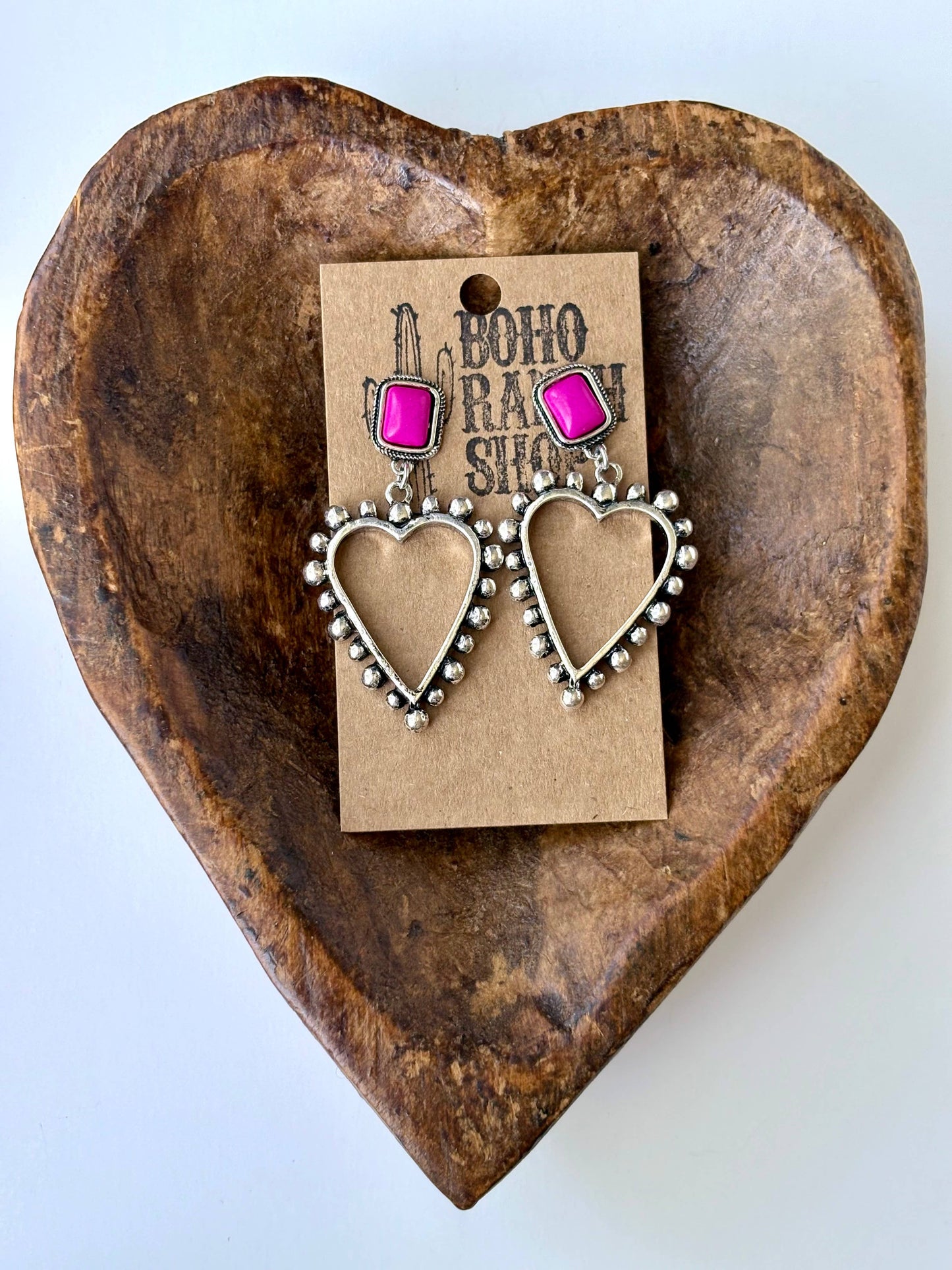 Rectangle Stone & Western Open Heart Post Drop Earrings