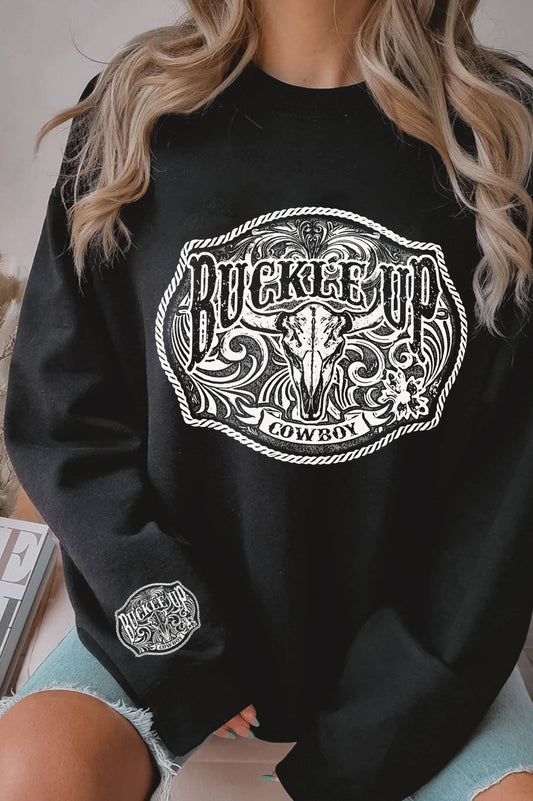 BUCKLE UP COWBOY COW SKULL GRAPHIC BRUSHED SWEATSHIRTS