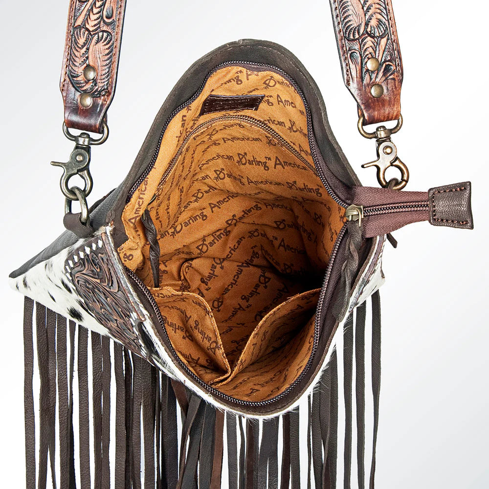 Speckled Cowhide Crossbody Bag with Tooled Yoke & Fringe