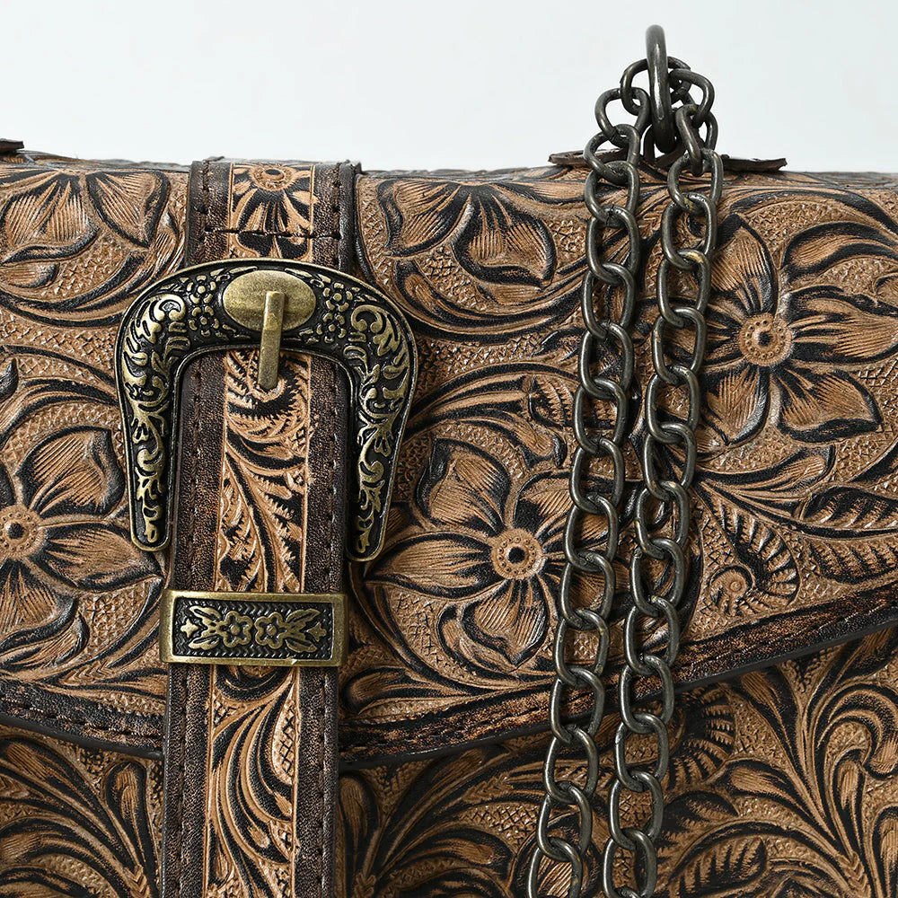 American Darling Western Hand-Tooled Leather Crossbody Bag with Buckle Strap & Chain - Floral Tooled Design
