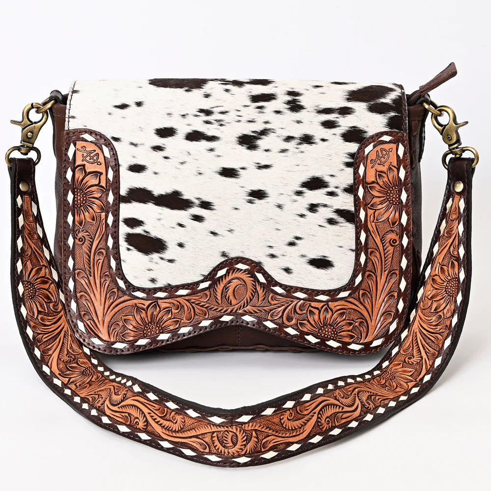 Genuine Leather Western Crossbody Bag with Tooled Strap & Hair-On Hide