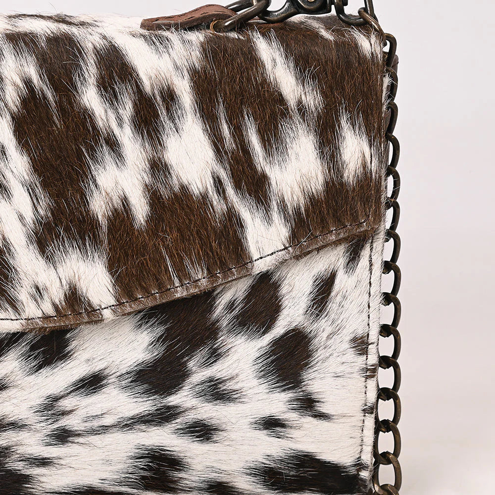 Genuine Cowhide Leather Clutch with Chain Strap - Western Evening Bag