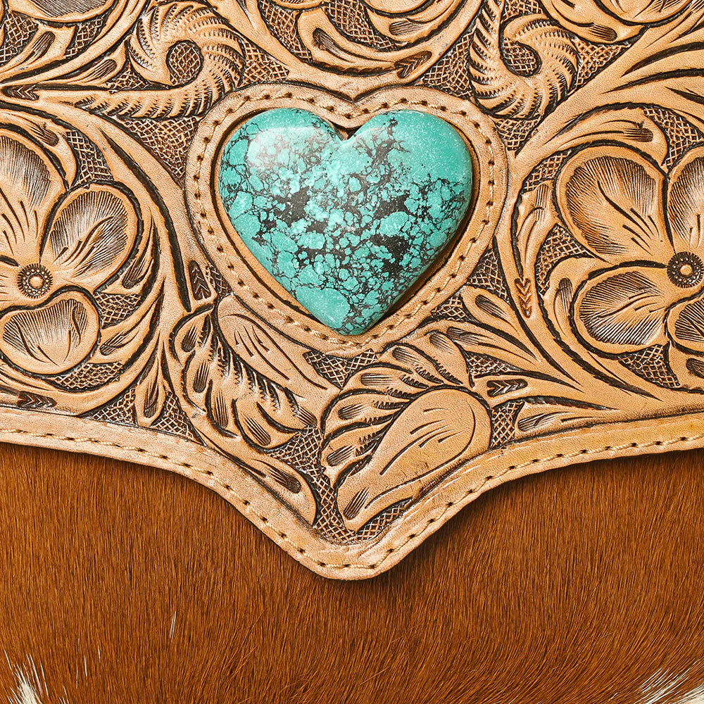 Western Leather Crossbody Coin Purse with Turquoise Heart & Cowhide