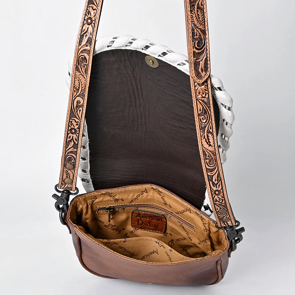 Tooled Leather Crossbody Bag with White Whipstitch Trim and Carved Strap
