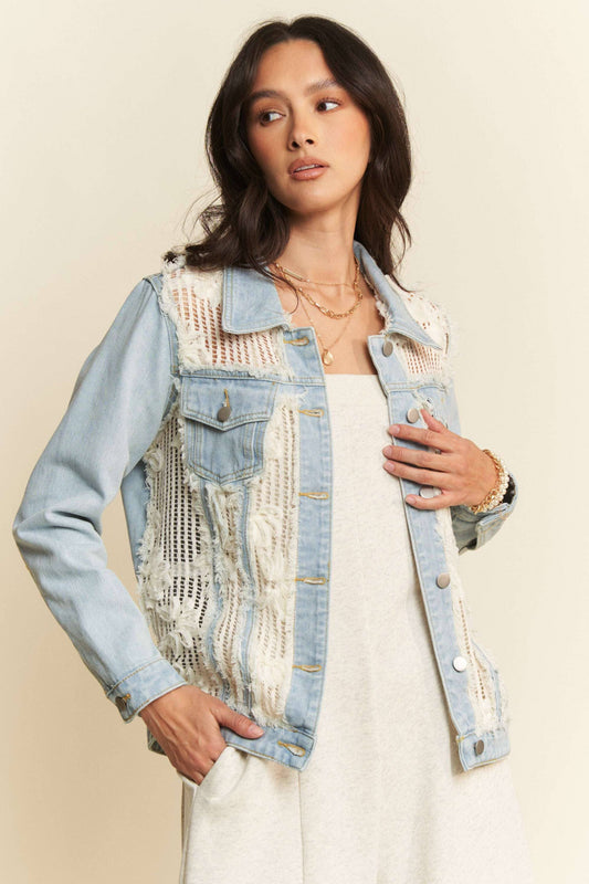 LACE CHEST POCKET BUTTON DOWN DENIM JACKET