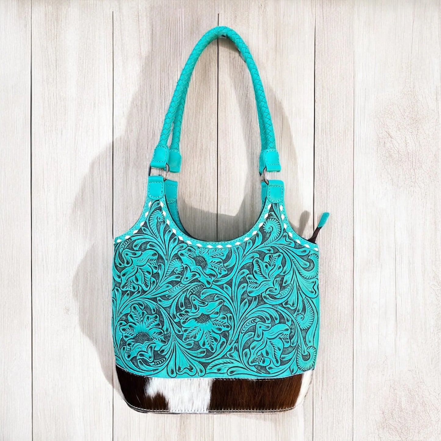 Turquoise tooled leather & cowhide shoulder bag